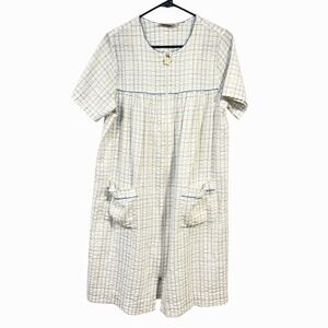 Vintage Plaid Zip Front House Dress Robe L Nightgown Pockets Cottage Grandma
